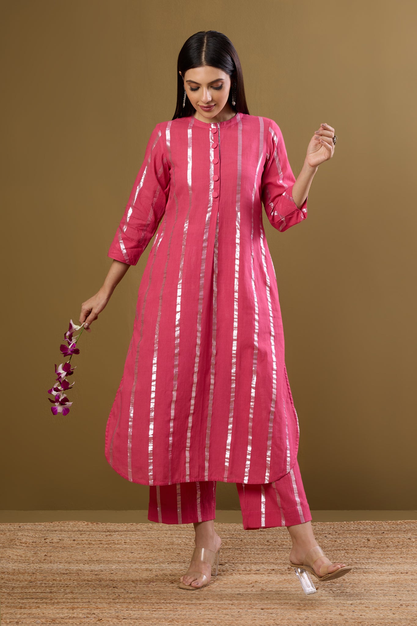 Co-ord Set Petal Pink & Moonbeam Silver Stand Collar Kurta with Round Hemline
