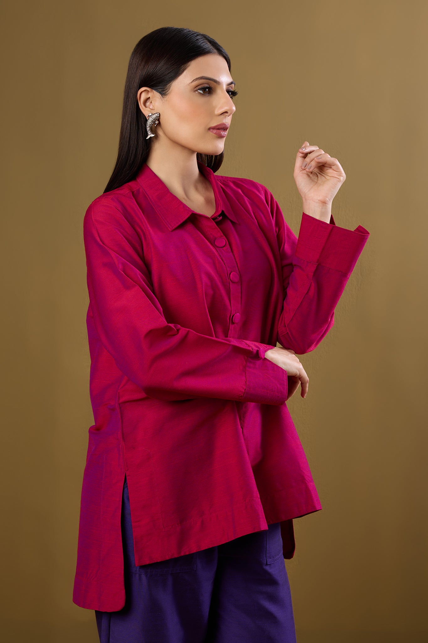 Fuchsia Fest High Low Hem Luxe Silk Slub Shirt