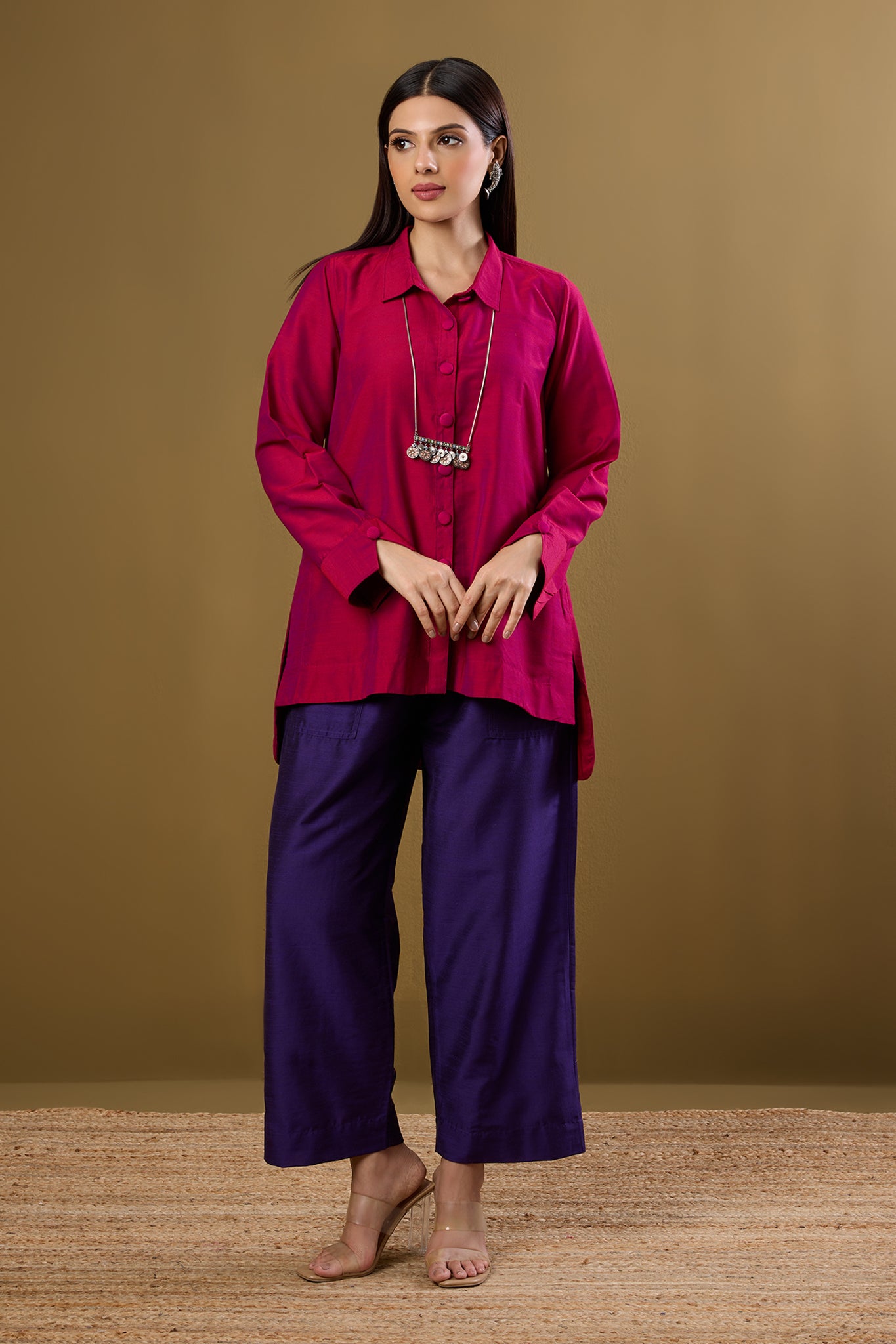 Fuchsia Fest High Low Hem Luxe Silk Slub Shirt