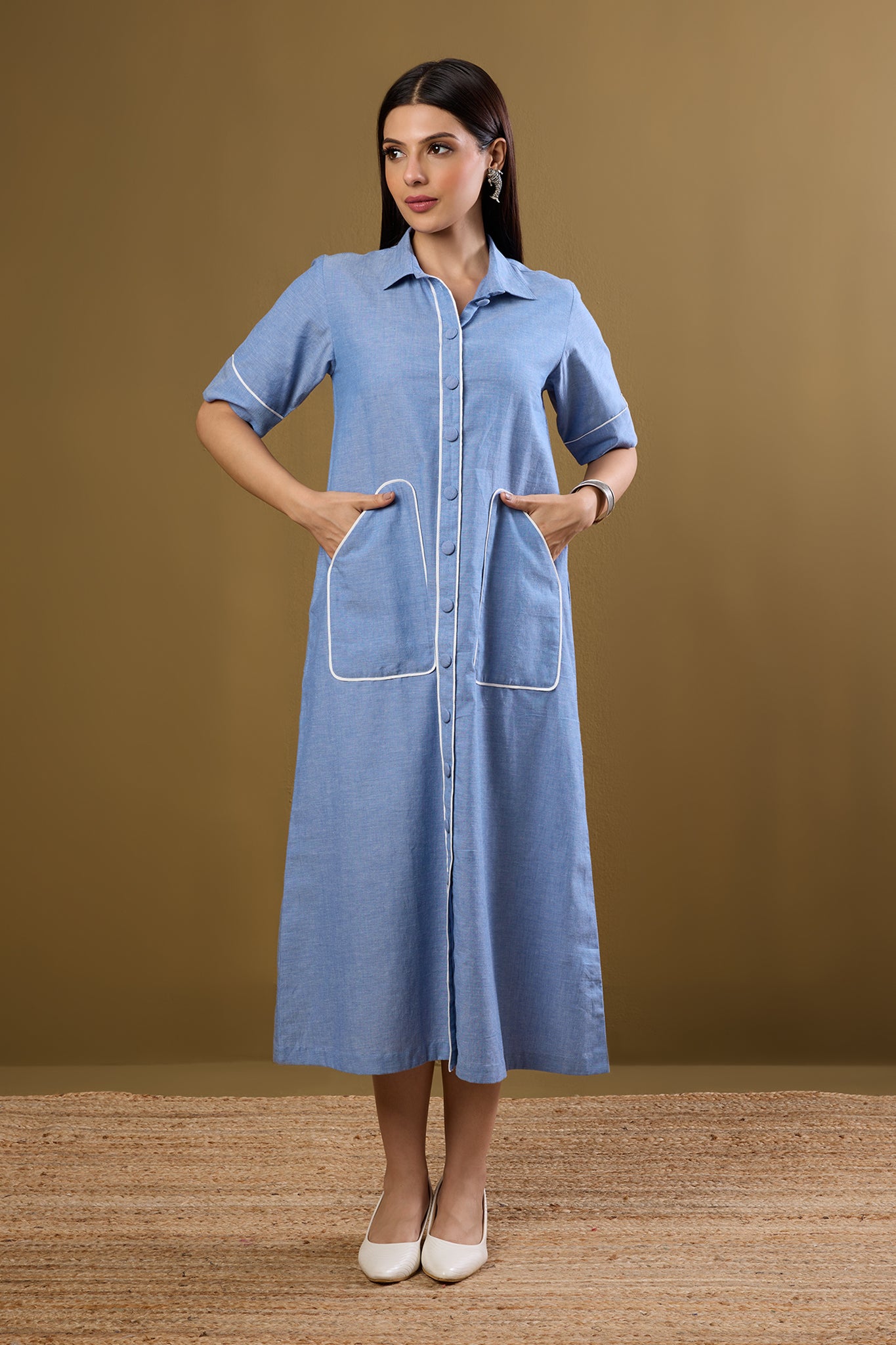Boarding Blues Midi Dress with Statement Pocket