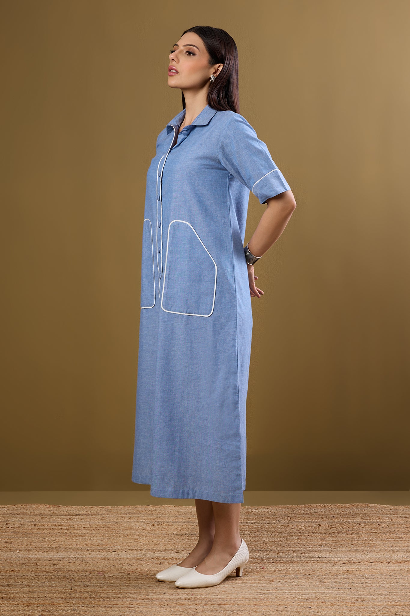 Boarding Blues Midi Dress with Statement Pocket
