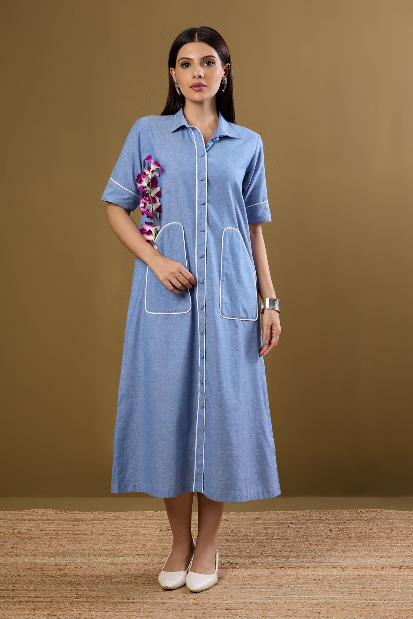 Boarding Blues Midi Dress with Statement Pocket