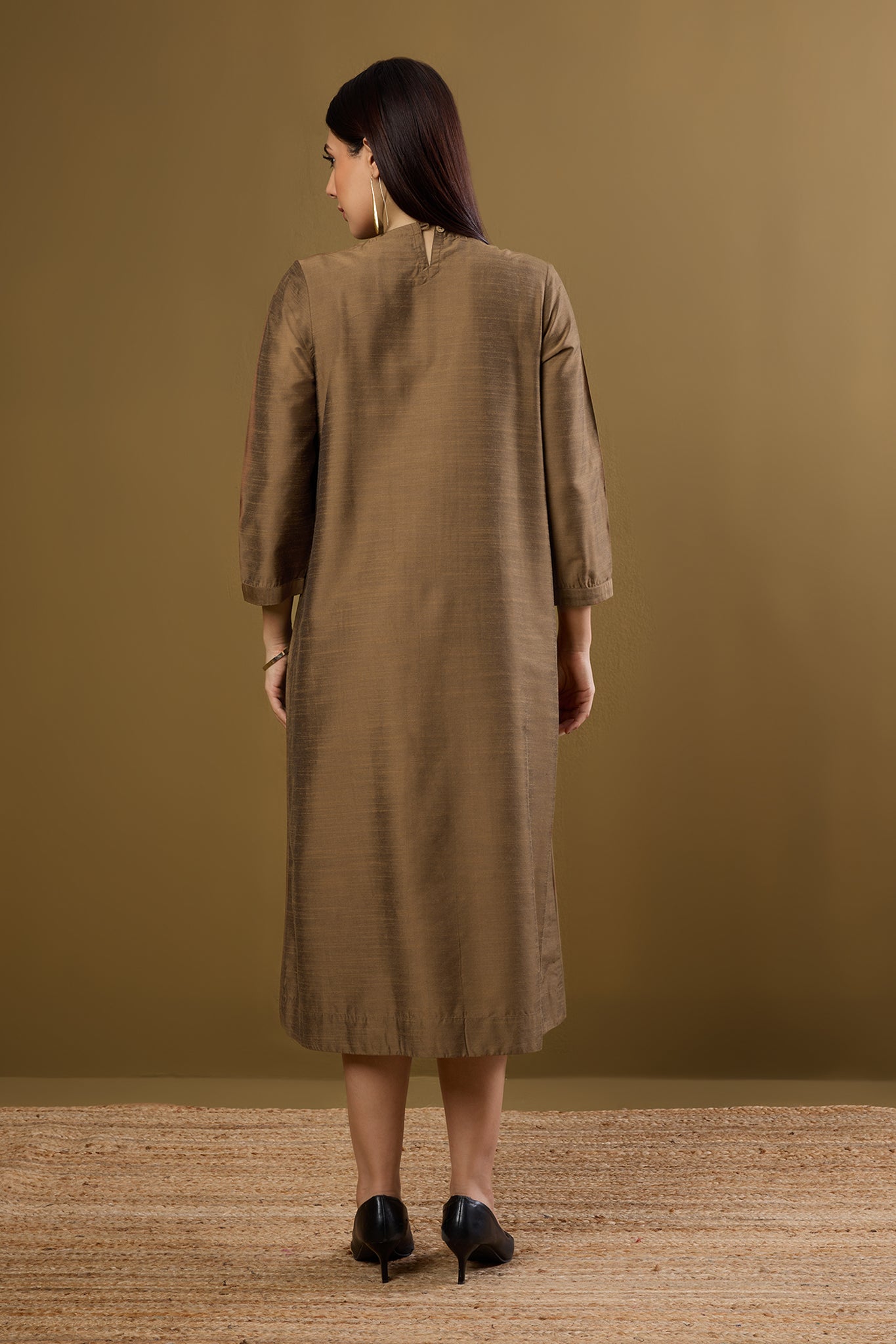 Gilded Earth Silk Slub a-line Dress with Patch Pocket