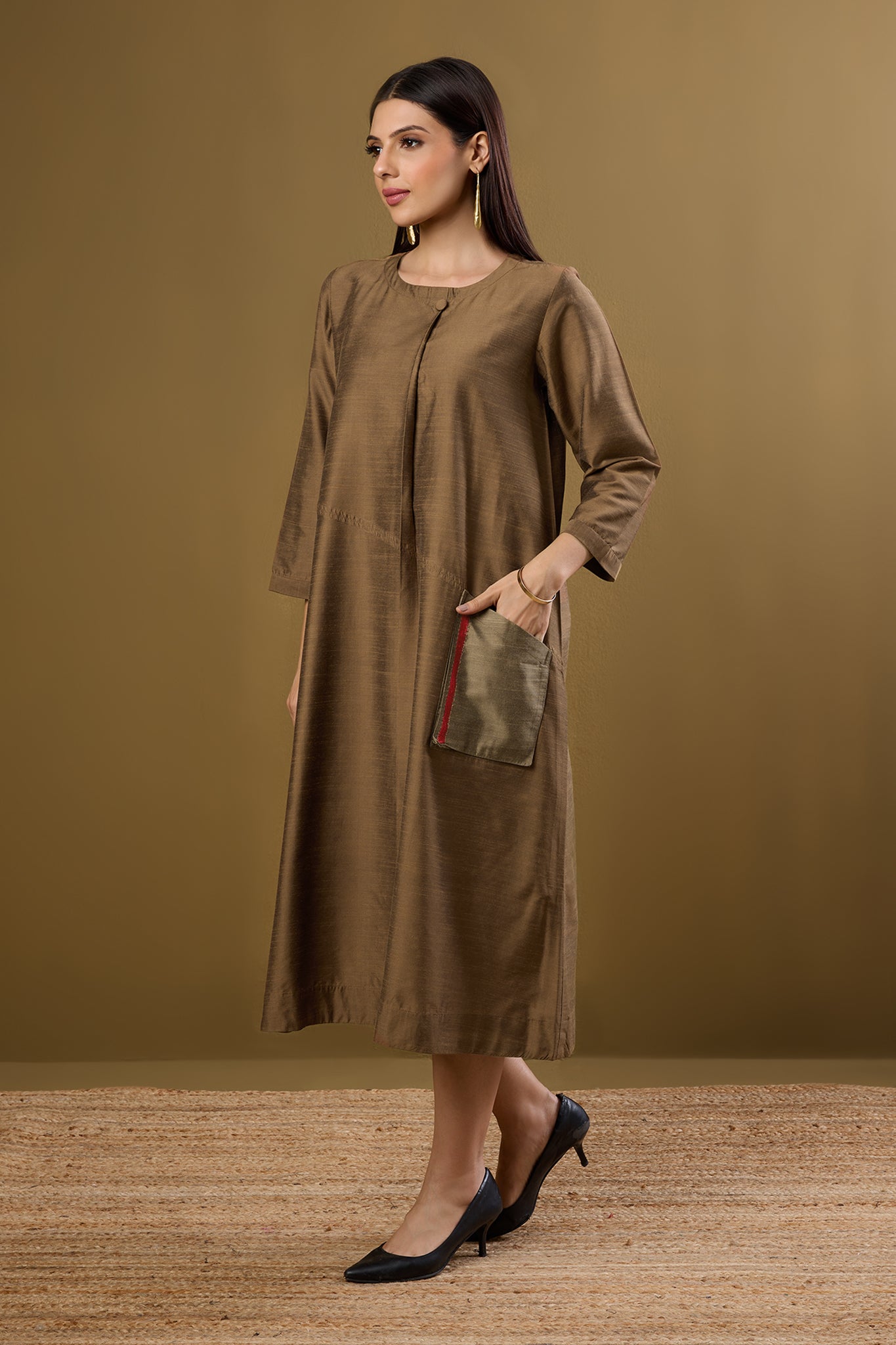 Gilded Earth Silk Slub a-line Dress with Patch Pocket