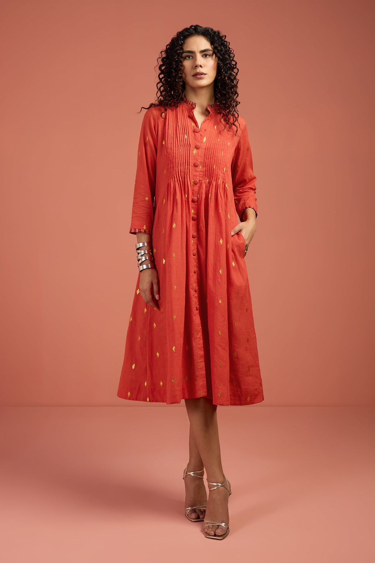 Marigold Glow Pintuck Pleated Button Down Dress