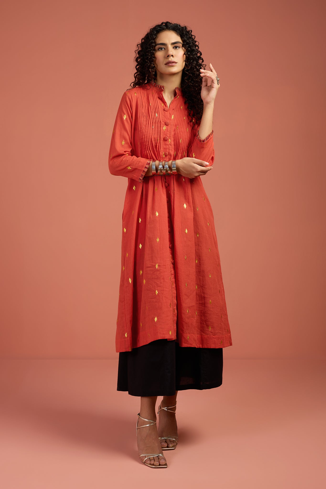 Marigold Glow Pintuck Pleated Button Down Dress