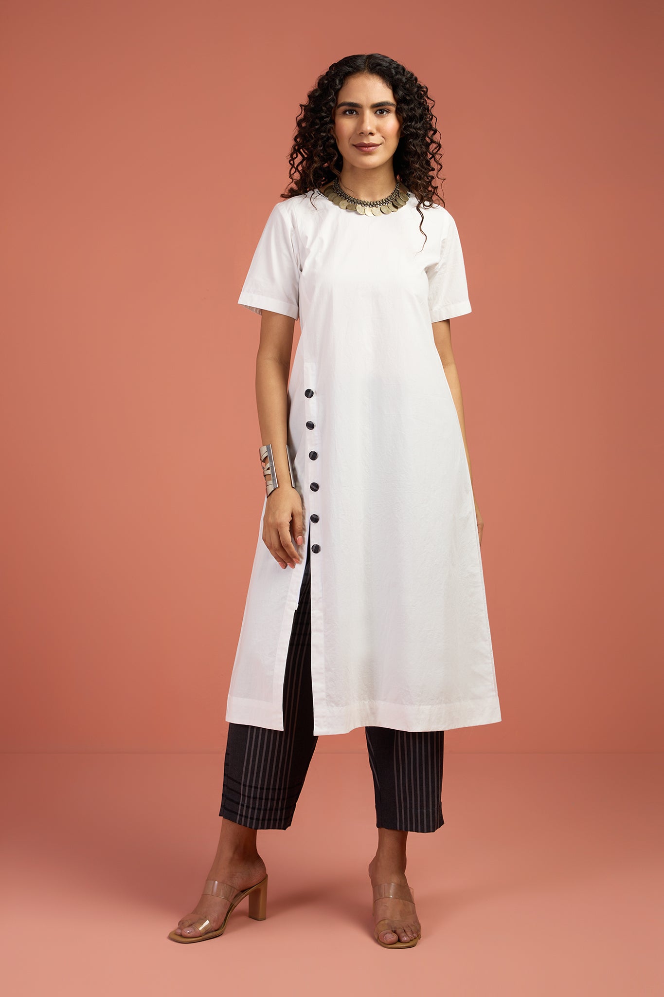 Coord Set - Porcelain Thread Front Button Down Slit Kurta & Grey Stripes Pants (set of 2)