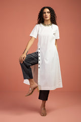 Coord Set - Porcelain Thread Front Button Down Slit Kurta & Grey Stripes Pants (set of 2)