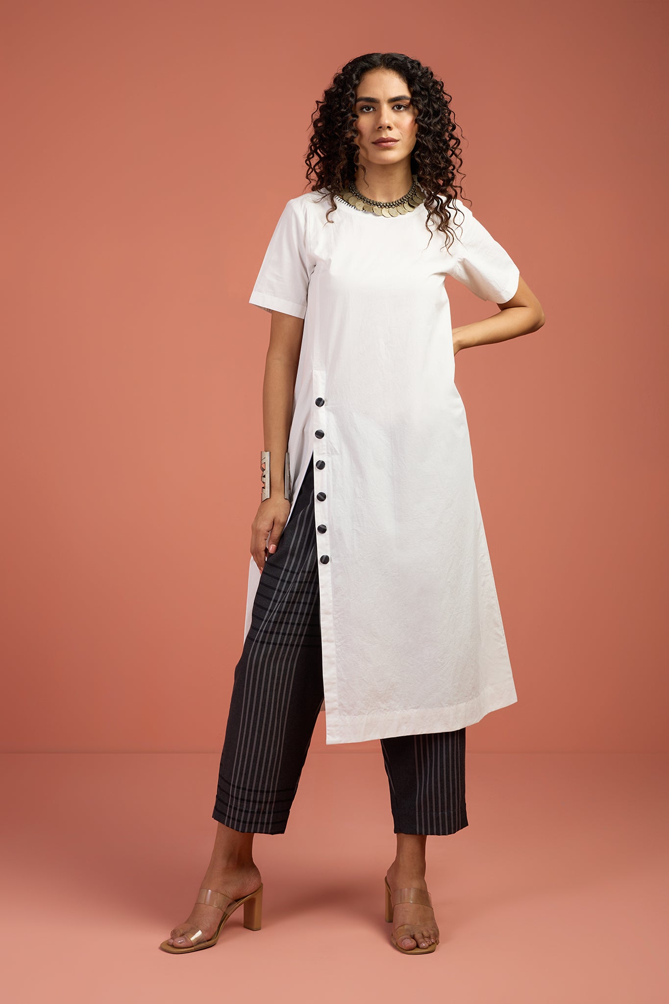 Coord Set - Porcelain Thread Front Button Down Slit Kurta & Grey Stripes Pants (set of 2)