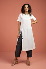 Coord Set - Porcelain Thread Front Button Down Slit Kurta & Grey Stripes Pants (set of 2)