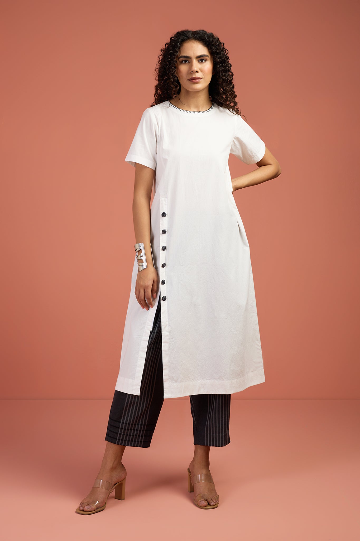 Coord Set - Porcelain Thread Front Button Down Slit Kurta & Grey Stripes Pants (set of 2)