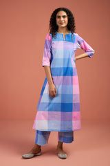 Co-ord Set Pastel Grid & Lilac Long Kurta with Side Twist