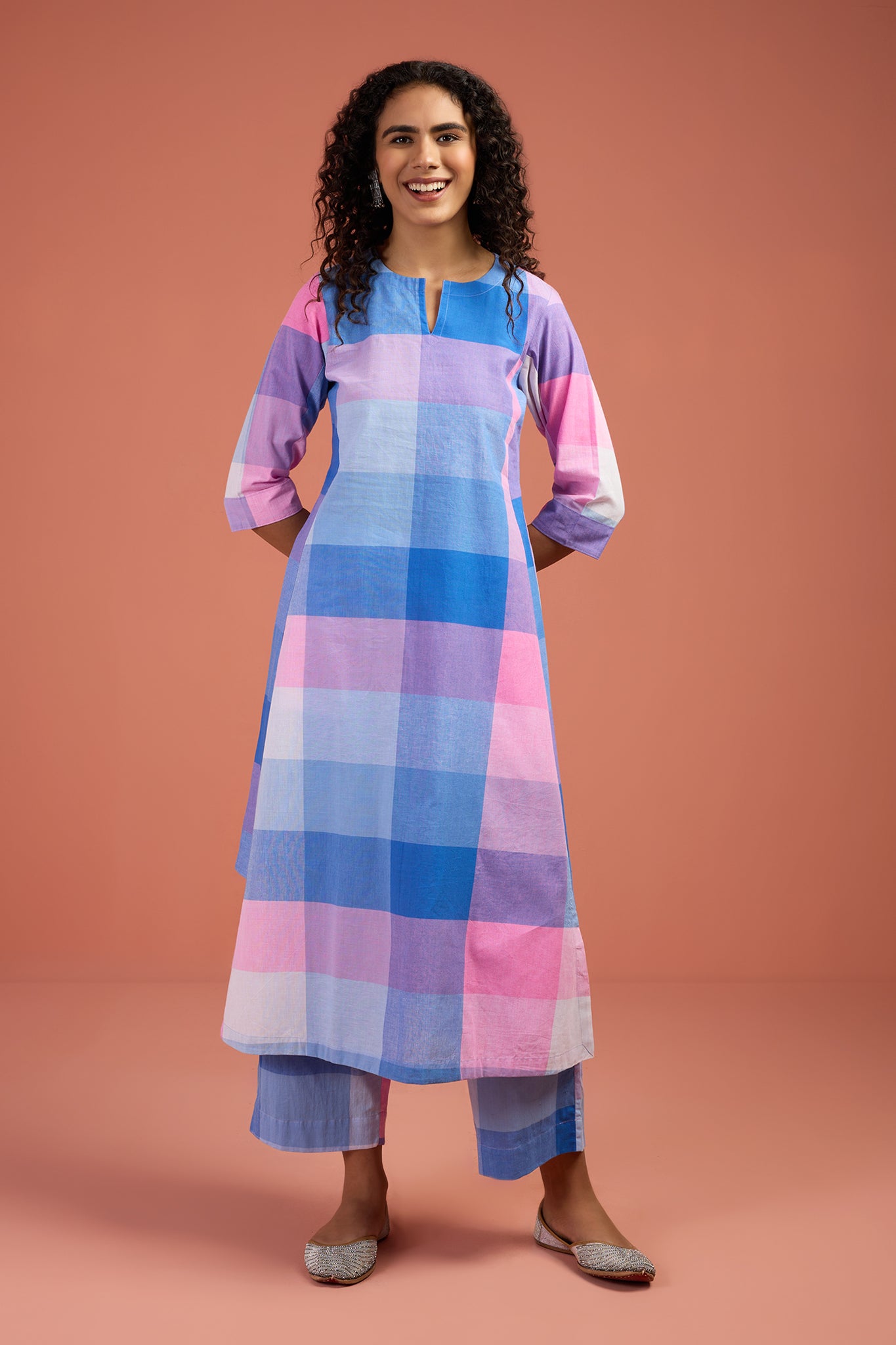Co-ord Set Pastel Grid & Lilac Long Kurta with Side Twist