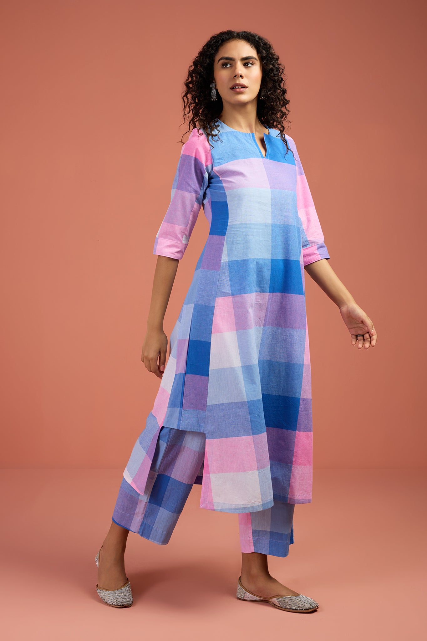 Co-ord Set Pastel Grid & Lilac Long Kurta with Side Twist