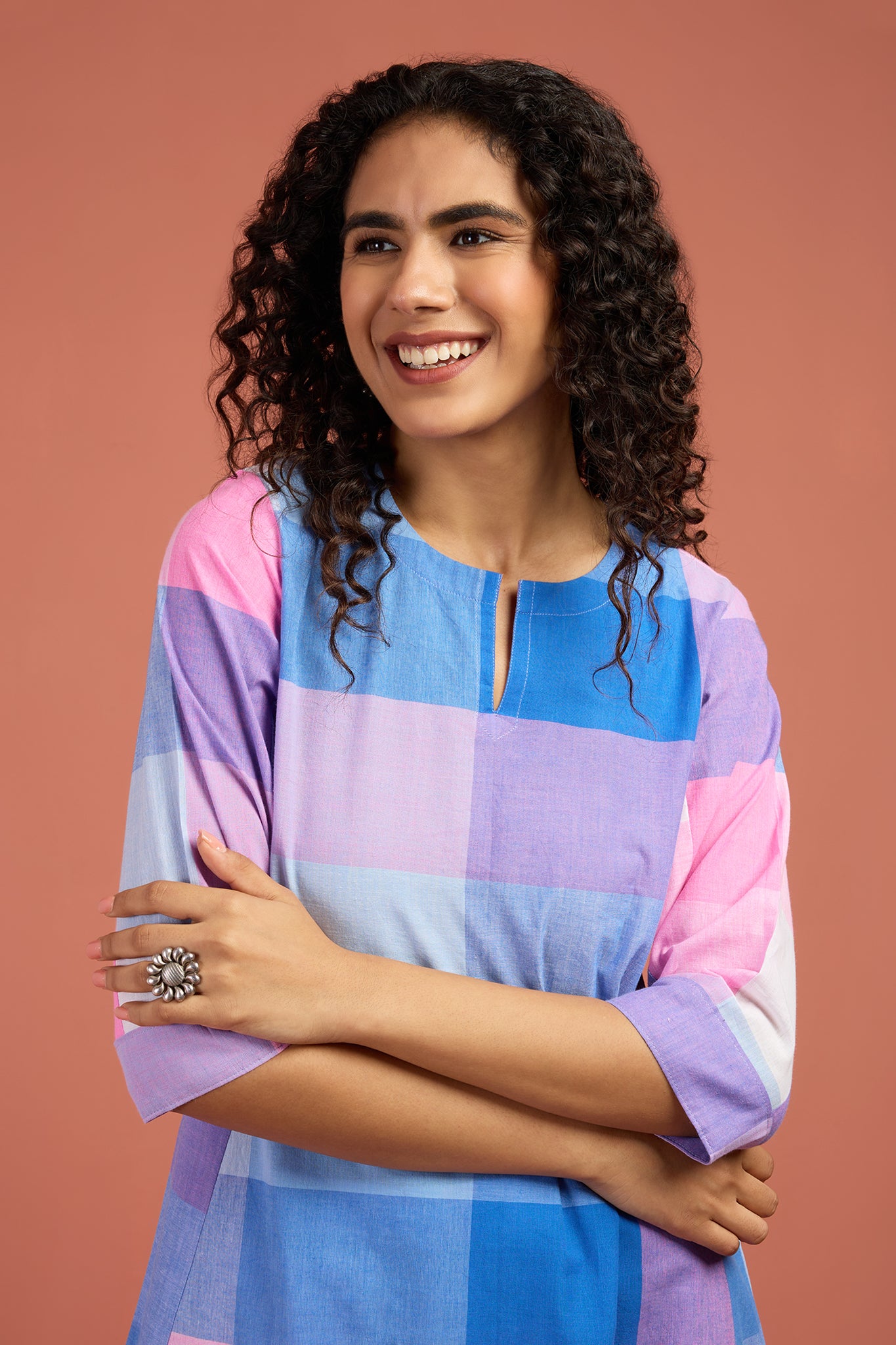 Co-ord Set Pastel Grid & Lilac Long Kurta with Side Twist