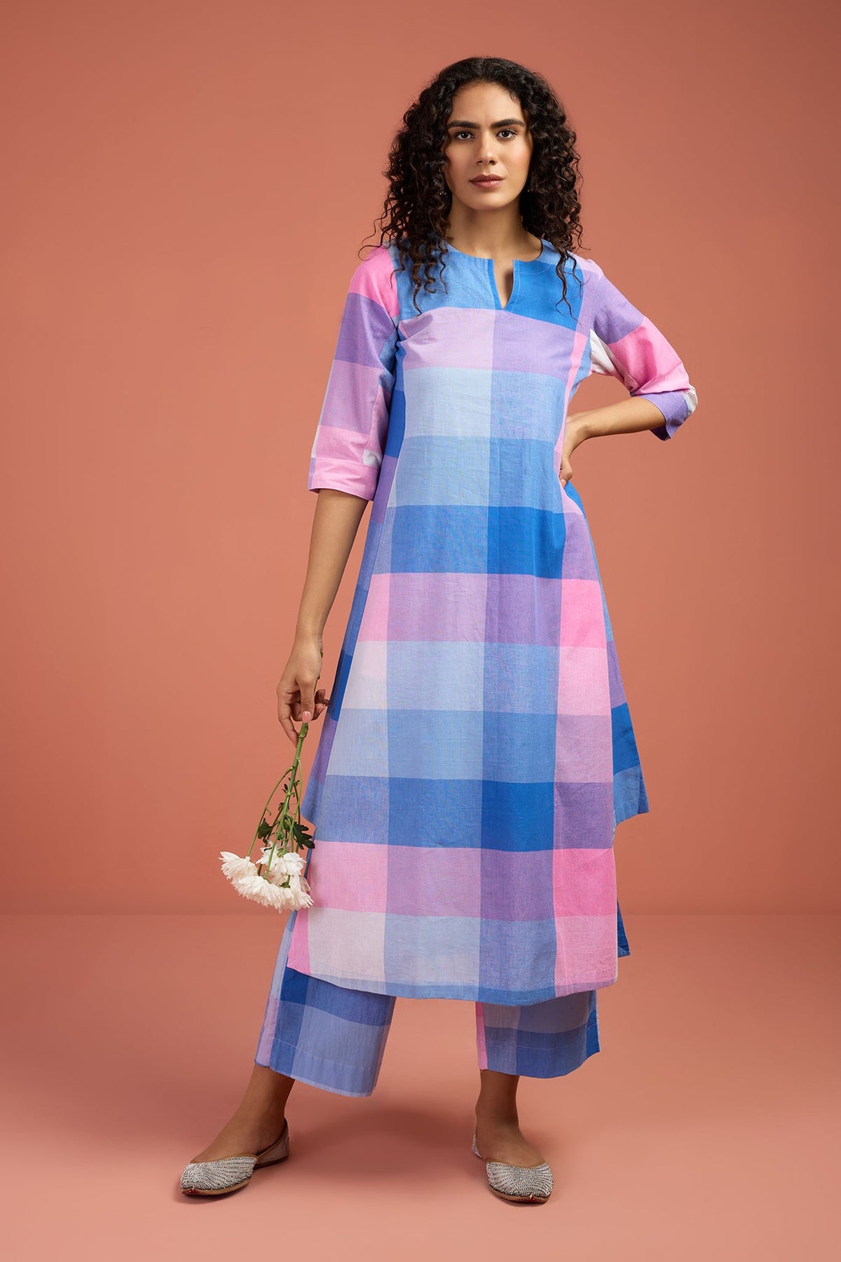 Co-ord Set Pastel Grid & Lilac Long Kurta with Side Twist