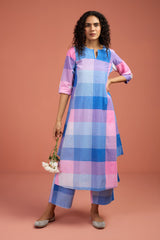 Co-ord Set Pastel Grid & Lilac Long Kurta with Side Twist