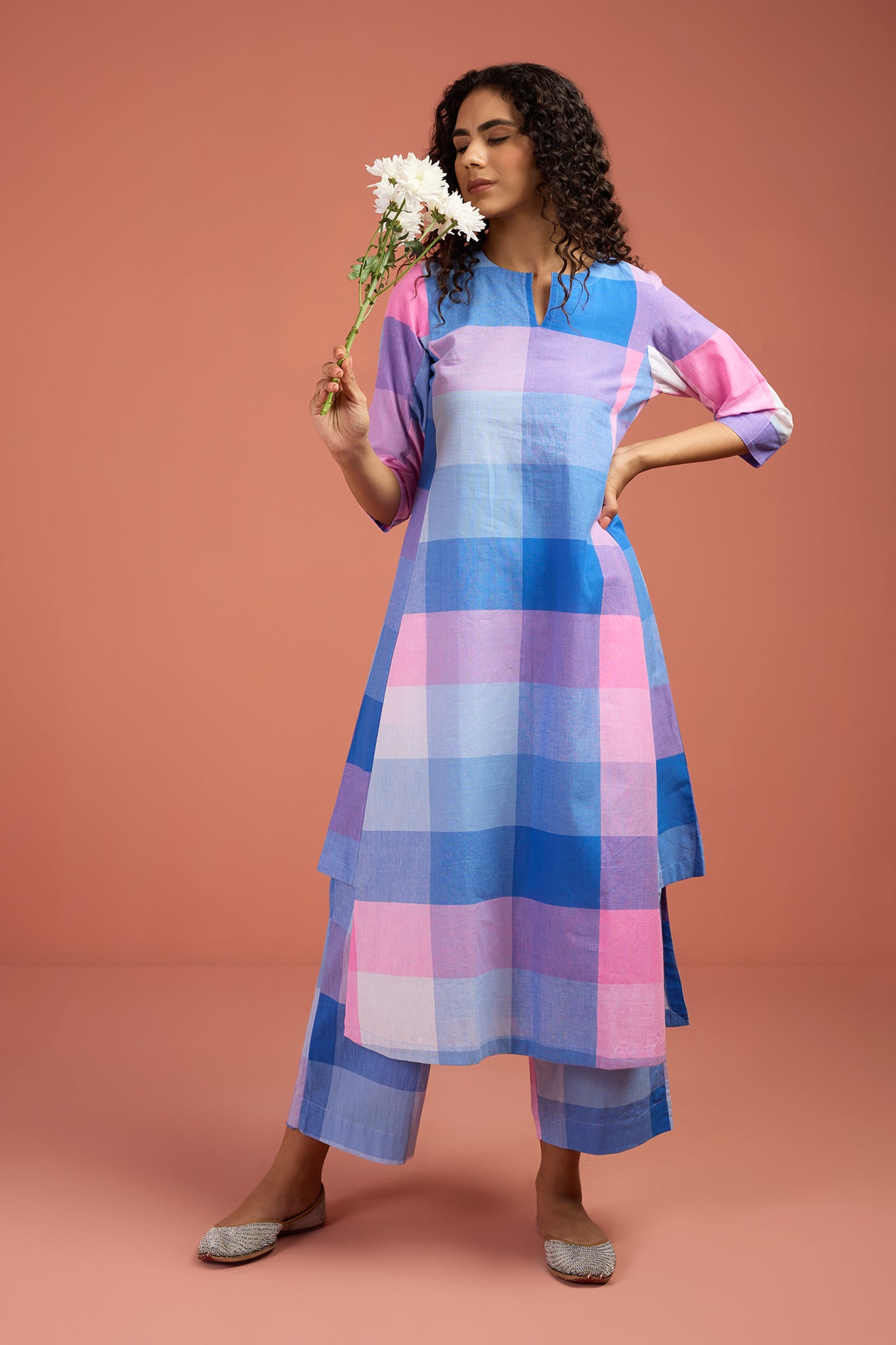 Co-ord Set Pastel Grid & Lilac Long Kurta with Side Twist