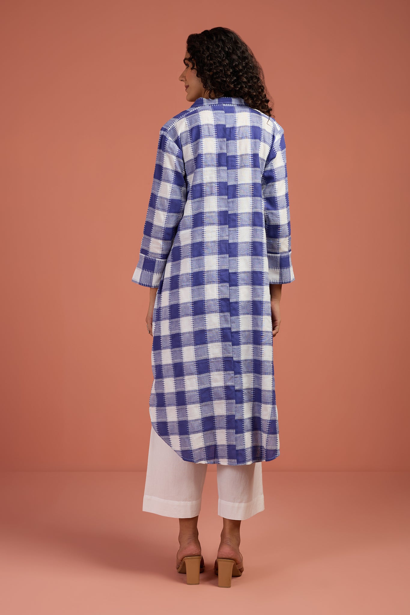 Lavender Grid Long Cotton Shirt Dress