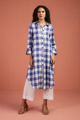 Lavender Grid Long Cotton Shirt Dress