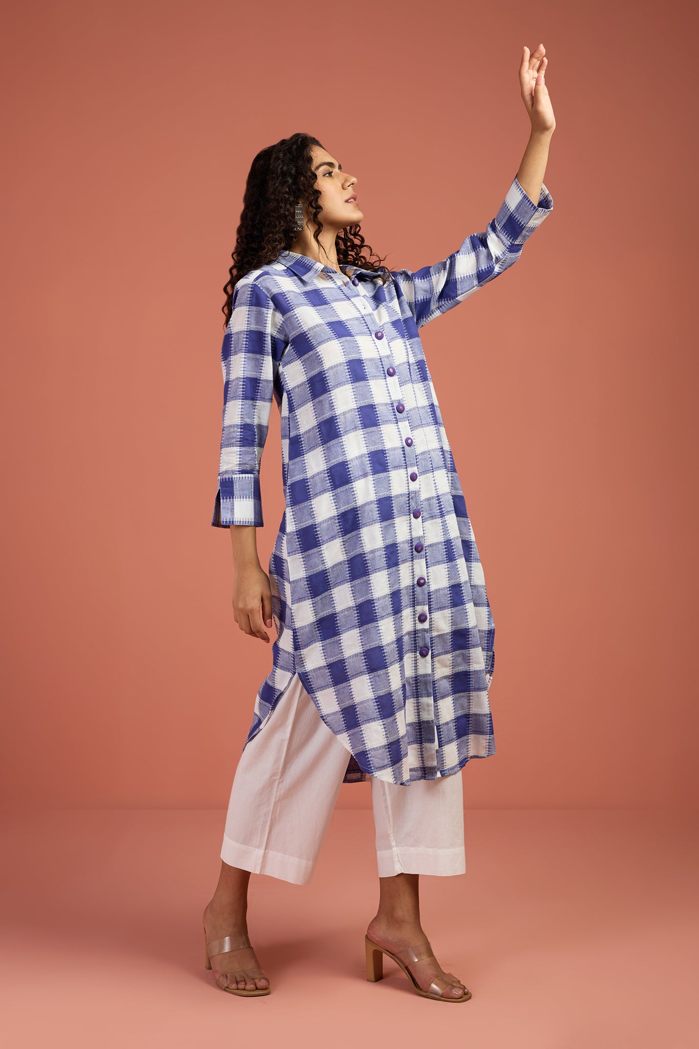 Lavender Grid Long Cotton Shirt Dress