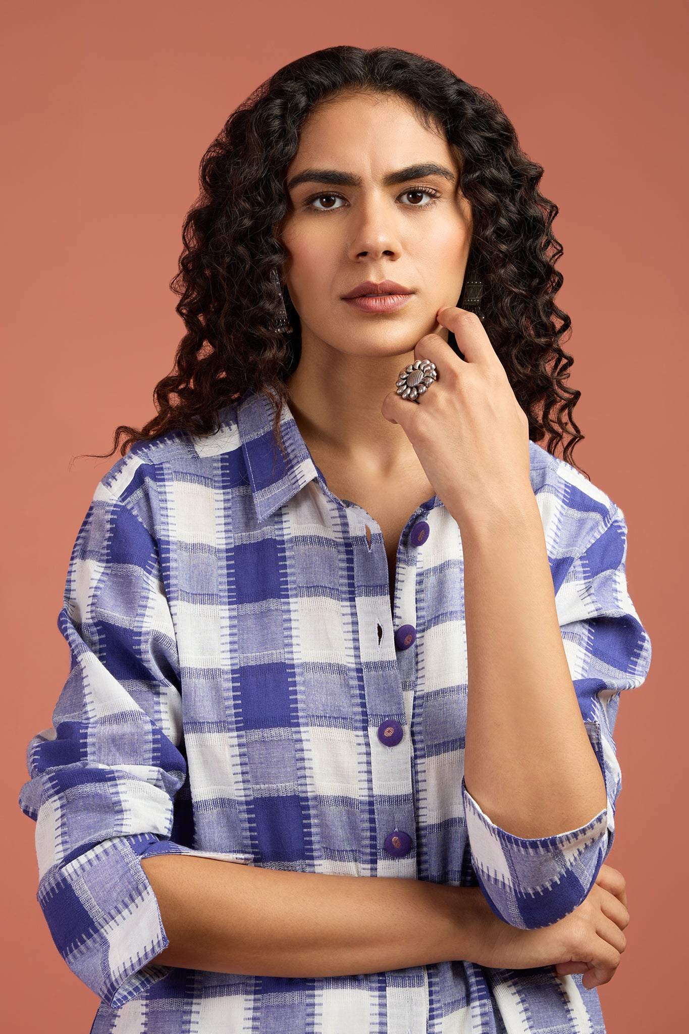 Lavender Grid Long Cotton Shirt Dress