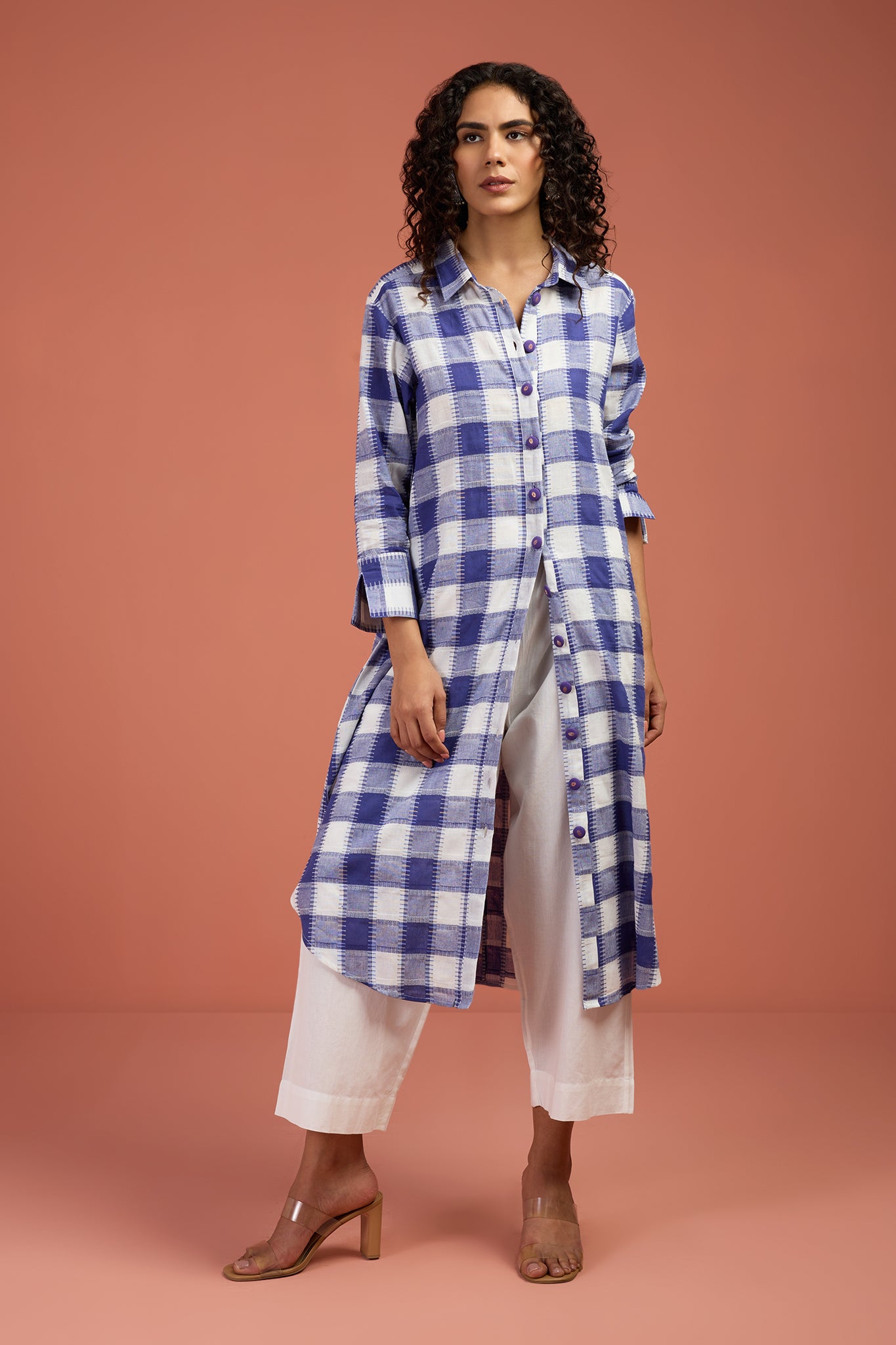 Lavender Grid Long Cotton Shirt Dress
