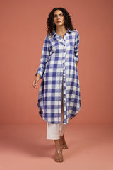 Lavender Grid Long Cotton Shirt Dress