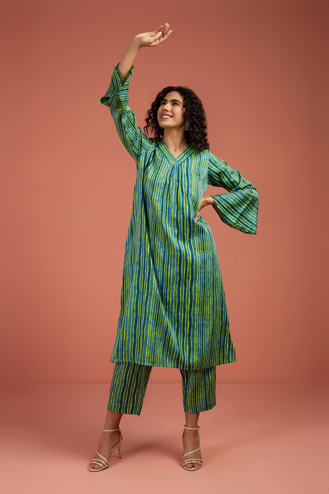 Coord Set- Coastal Canopy Stripes Modern Long Tunic Kurta and Pants