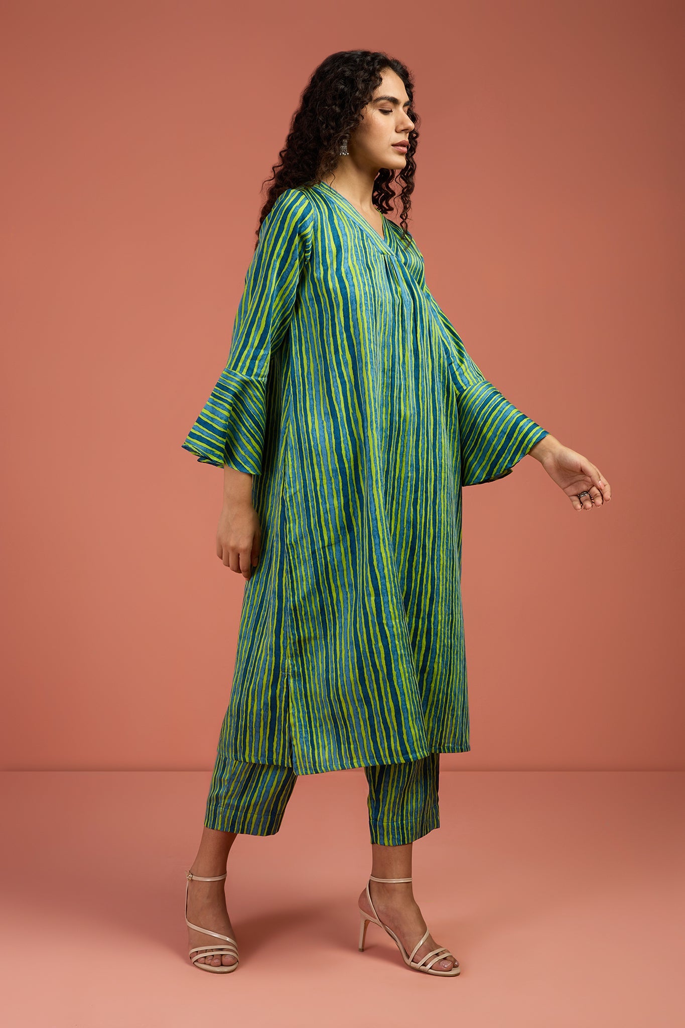 Coord Set- Coastal Canopy Stripes Modern Long Tunic Kurta and Pants