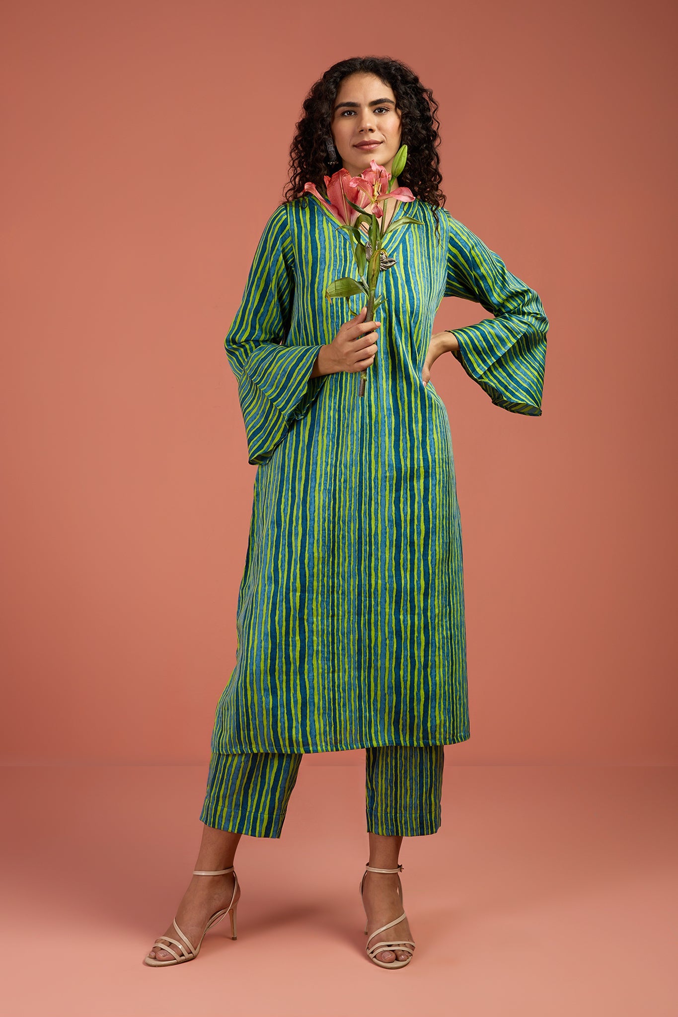 Coord Set- Coastal Canopy Stripes Modern Long Tunic Kurta and Pants