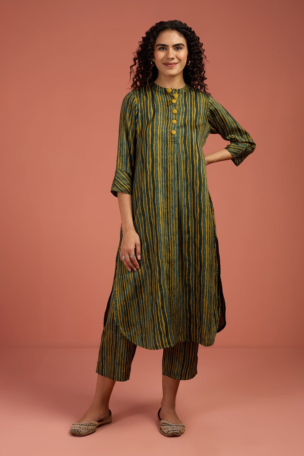 Co-ord Set Pine Grove & Turmeric Tint Stand Collar Kurta with Round Hemline