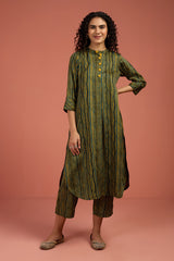 Co-ord Set Pine Grove & Turmeric Tint Stand Collar Kurta with Round Hemline