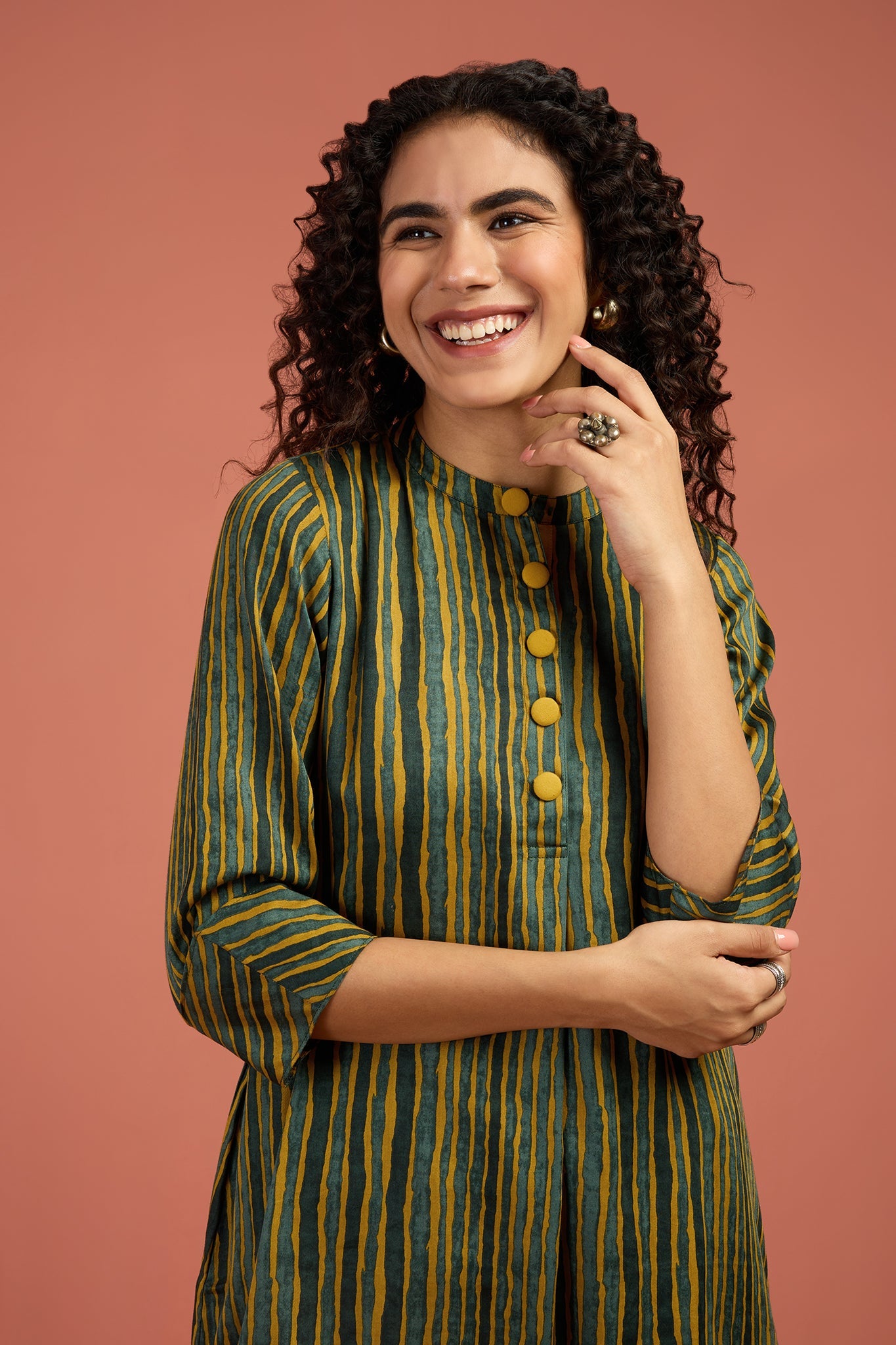 Co-ord Set Pine Grove & Turmeric Tint Stand Collar Kurta with Round Hemline