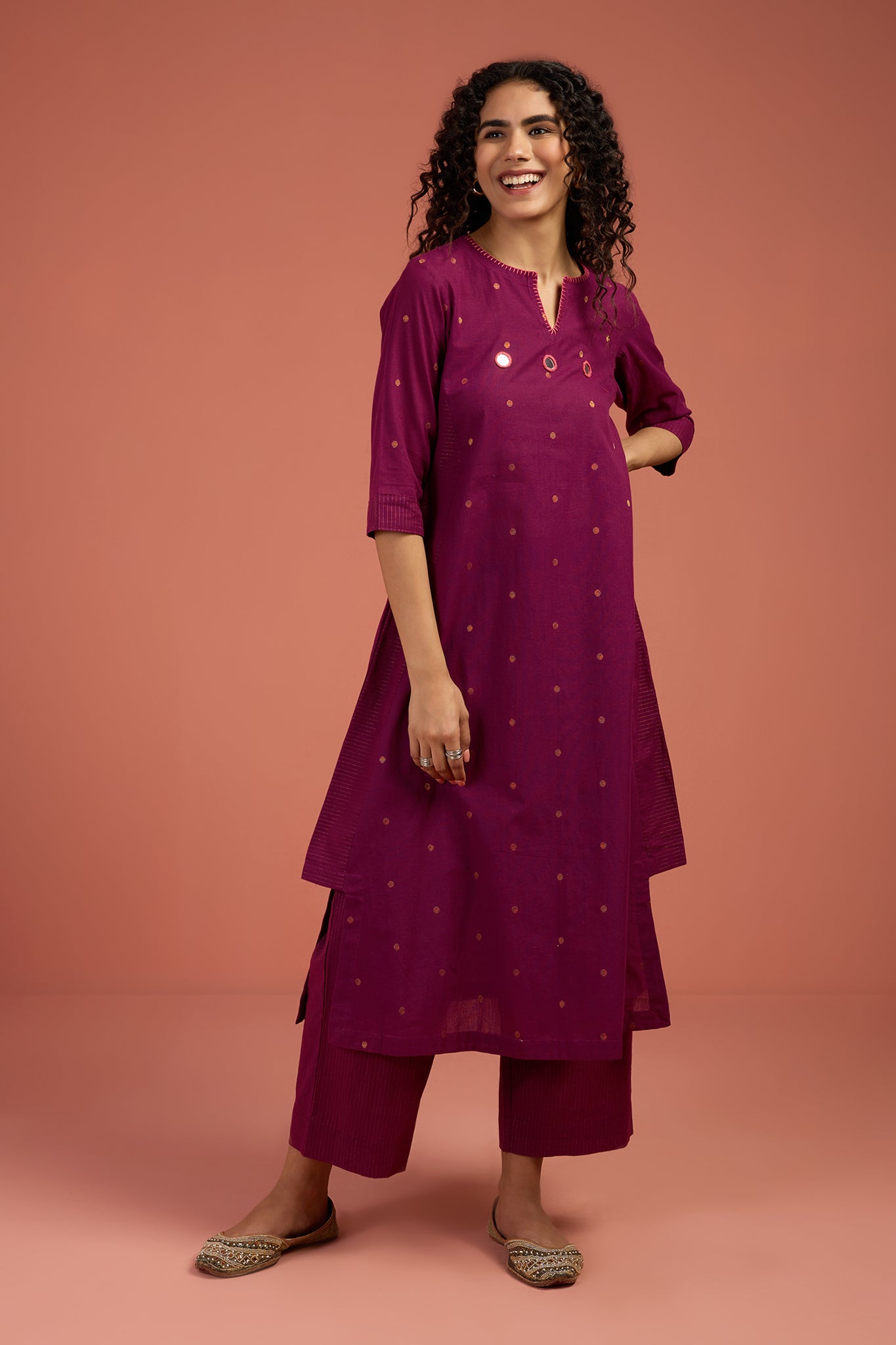 Co-ord Set Wine Ember Long Kurta with Side Twist