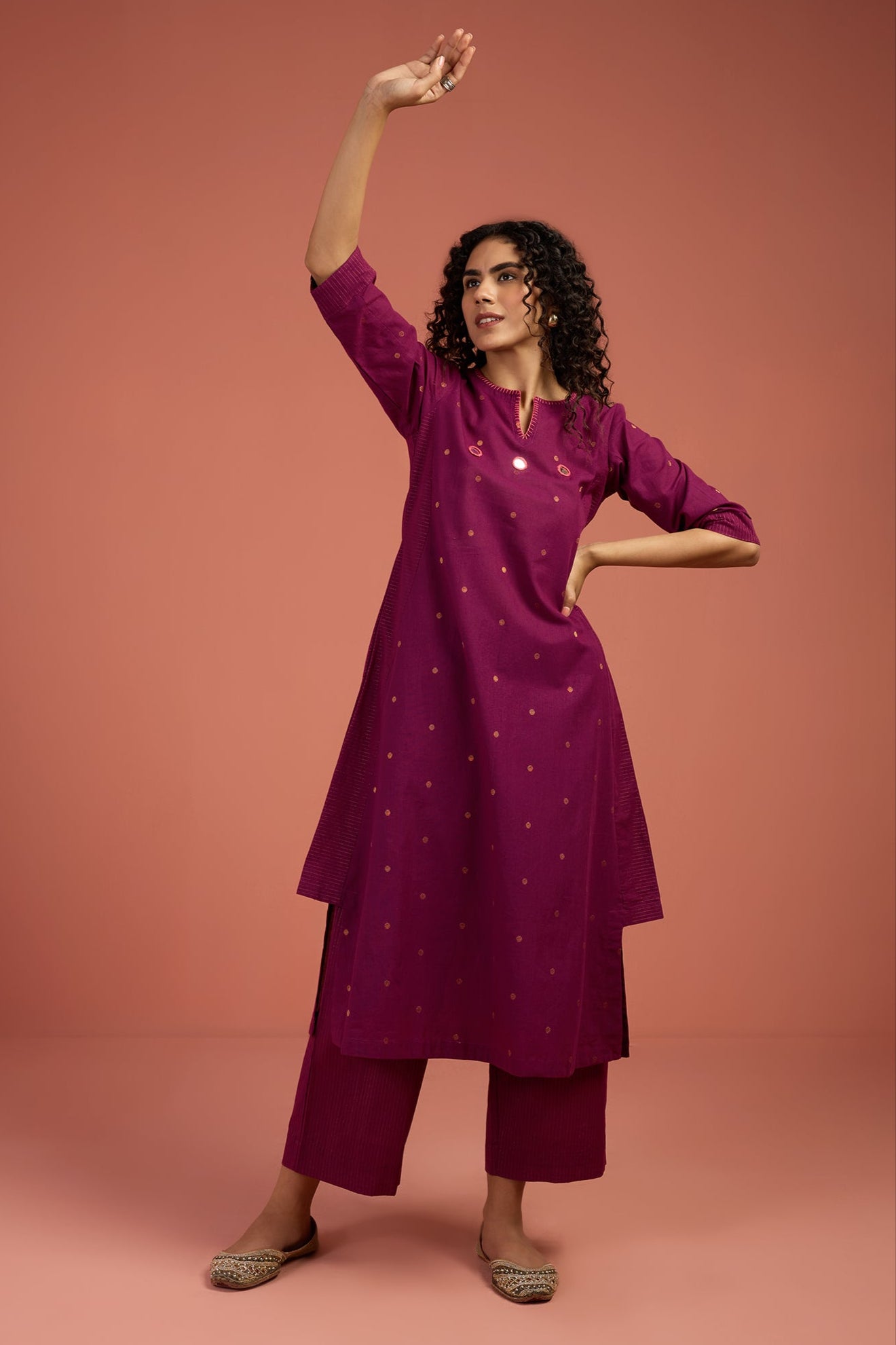 Co-ord Set Wine Ember Long Kurta with Side Twist