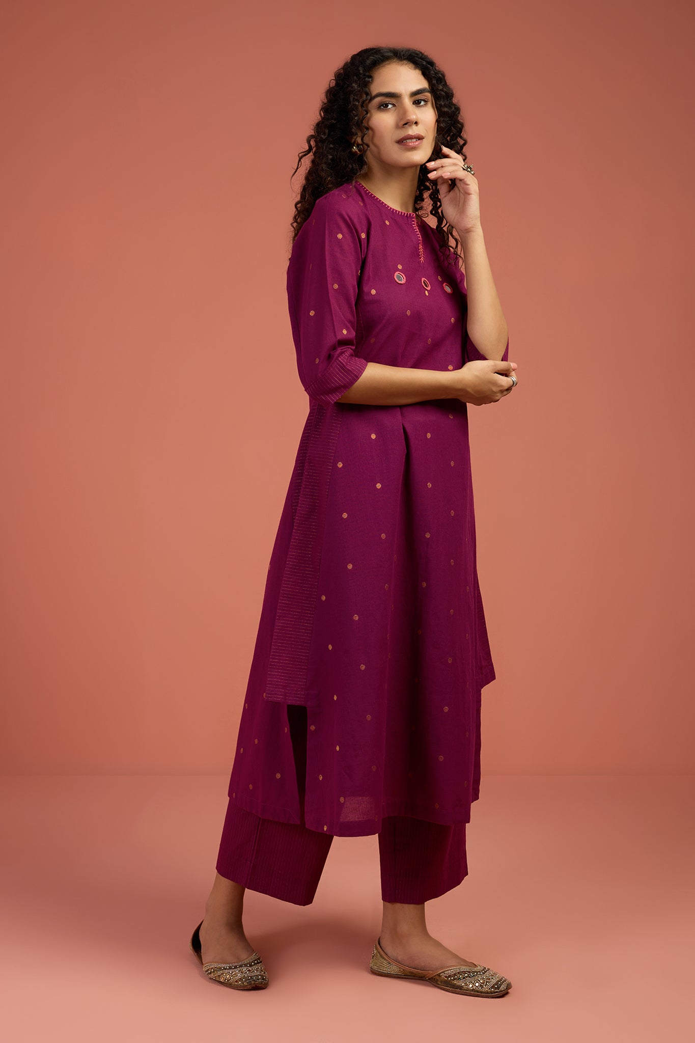 Co-ord Set Wine Ember Long Kurta with Side Twist