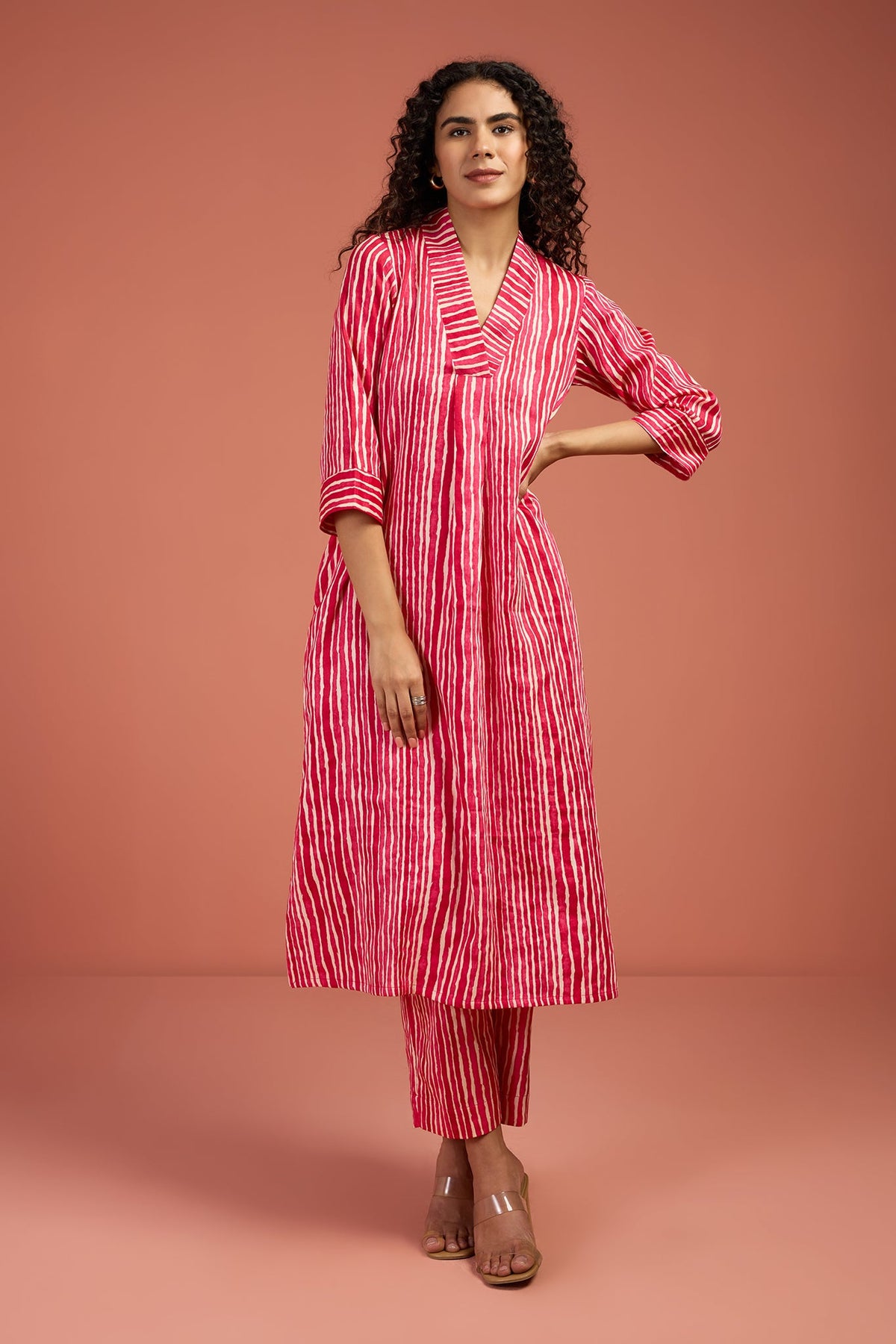 Co-ord Set Petal Pink & Snow Drift V-neck Kurta