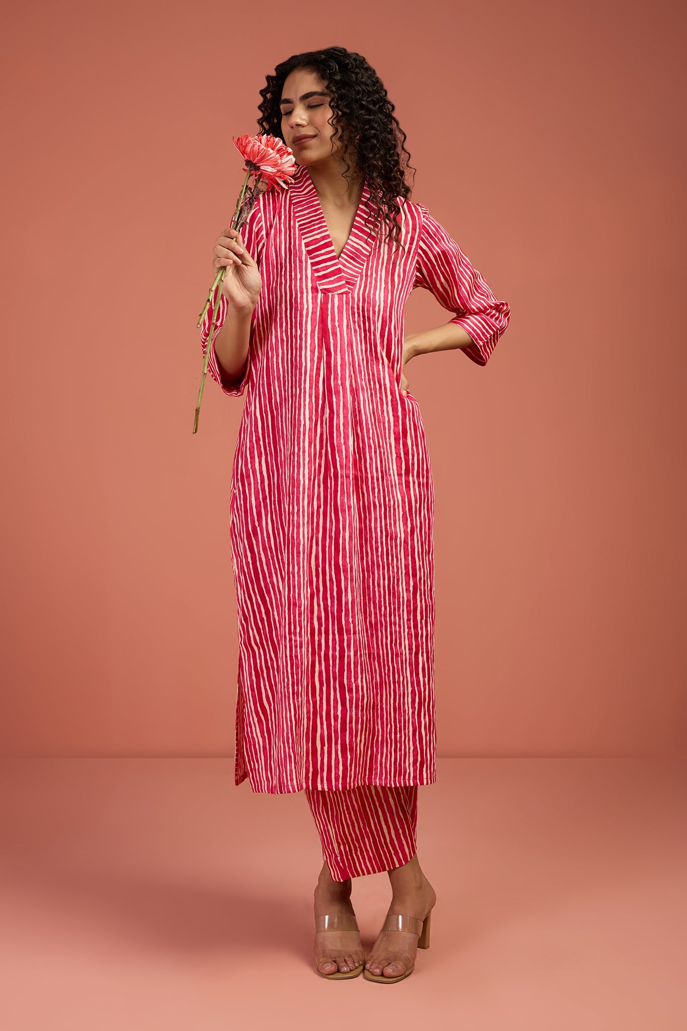 Co-ord Set Petal Pink & Snow Drift V-neck Kurta