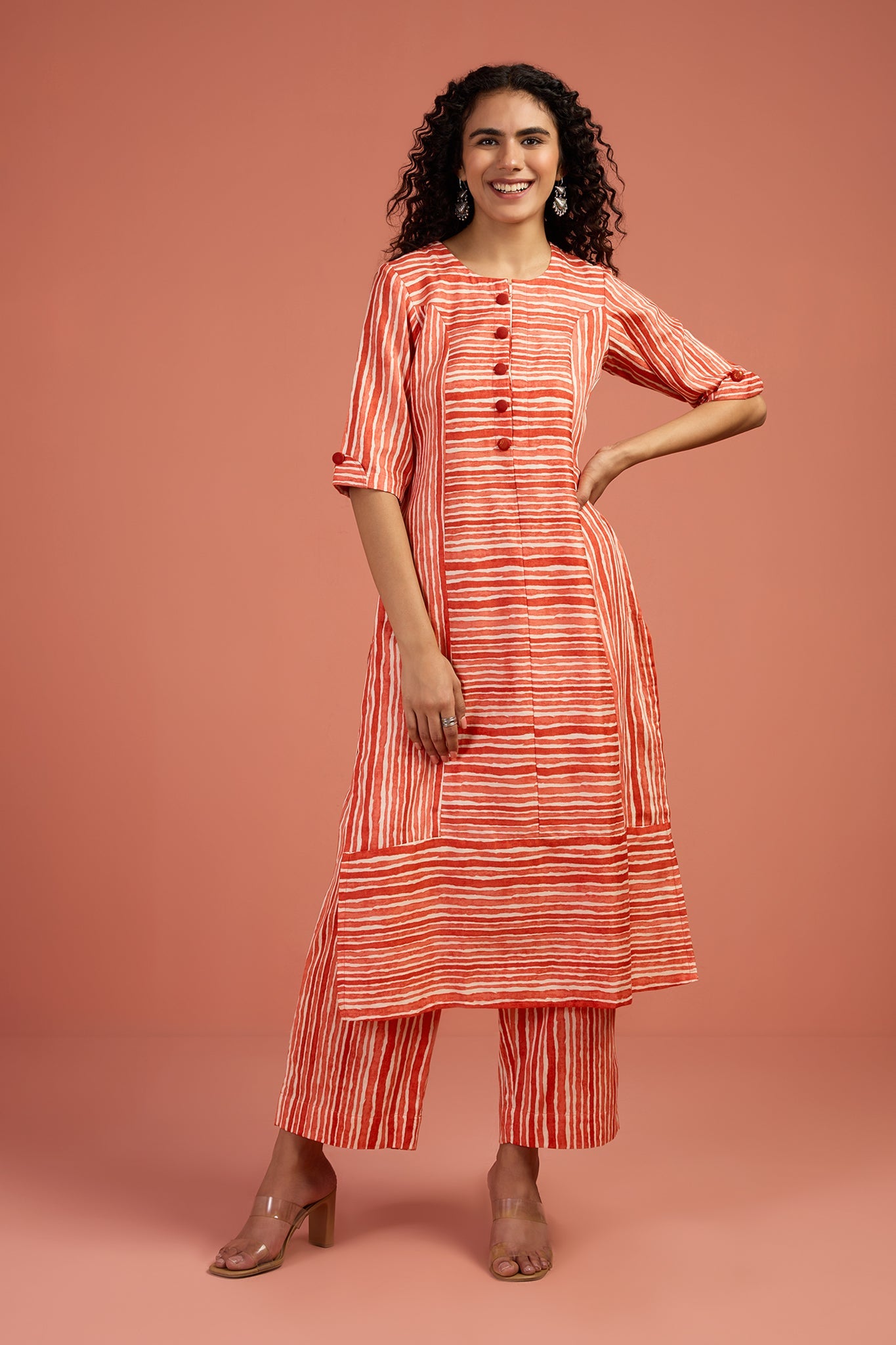 Co-ord Set Apricot Drift Long Panelled Kurta with Slit (Set of 2)