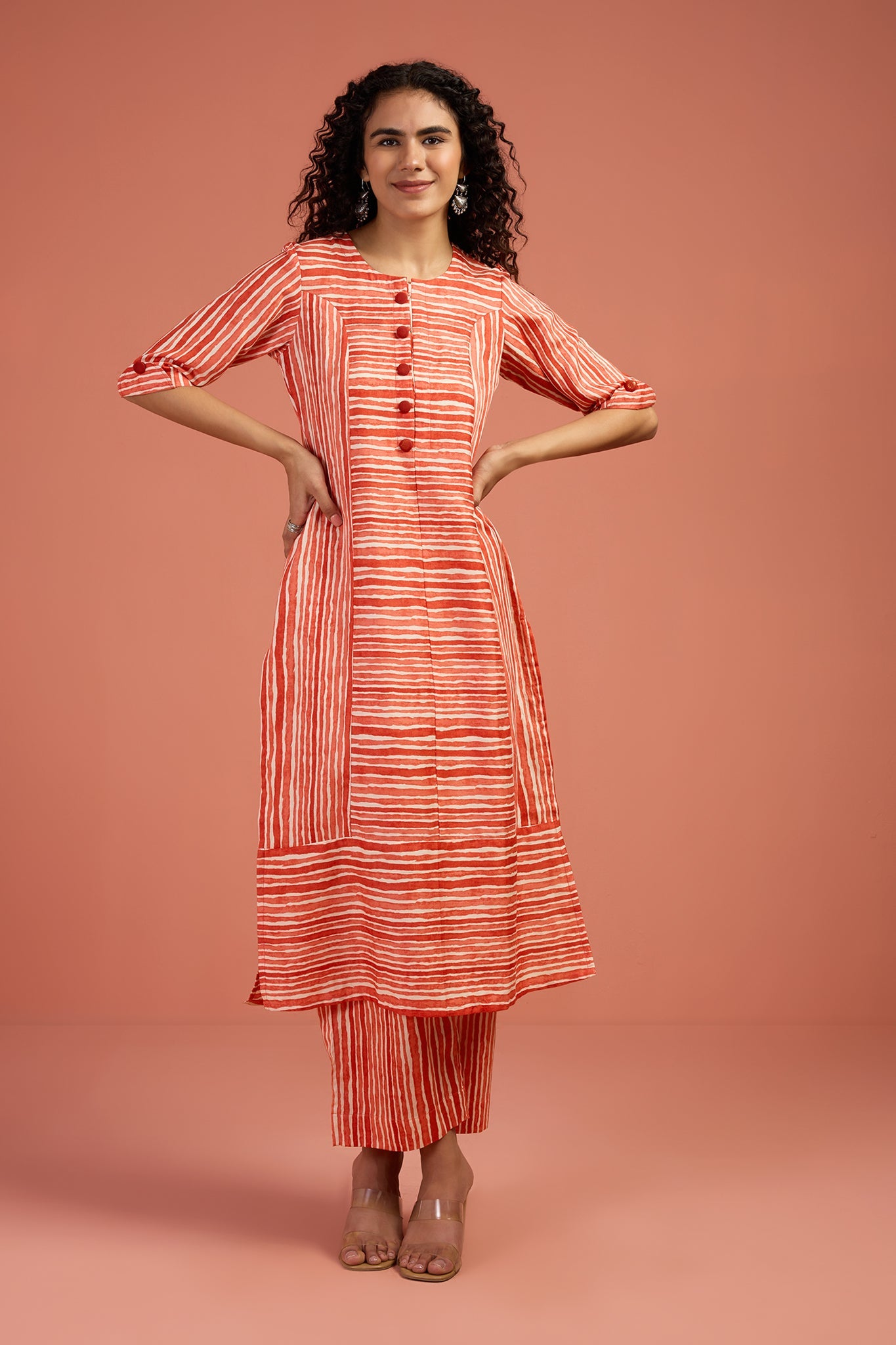 Co-ord Set Apricot Drift Long Panelled Kurta with Slit (Set of 2)