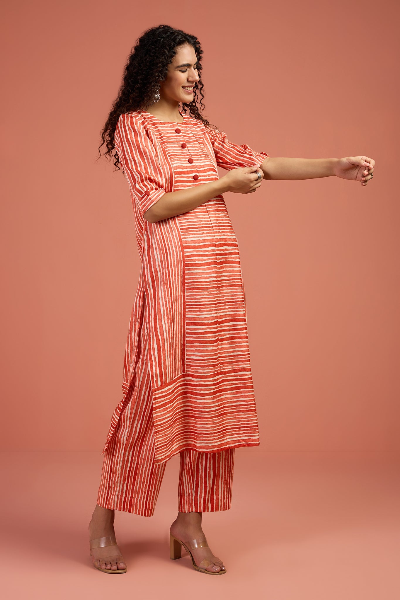 Co-ord Set Apricot Drift Long Panelled Kurta with Slit (Set of 2)