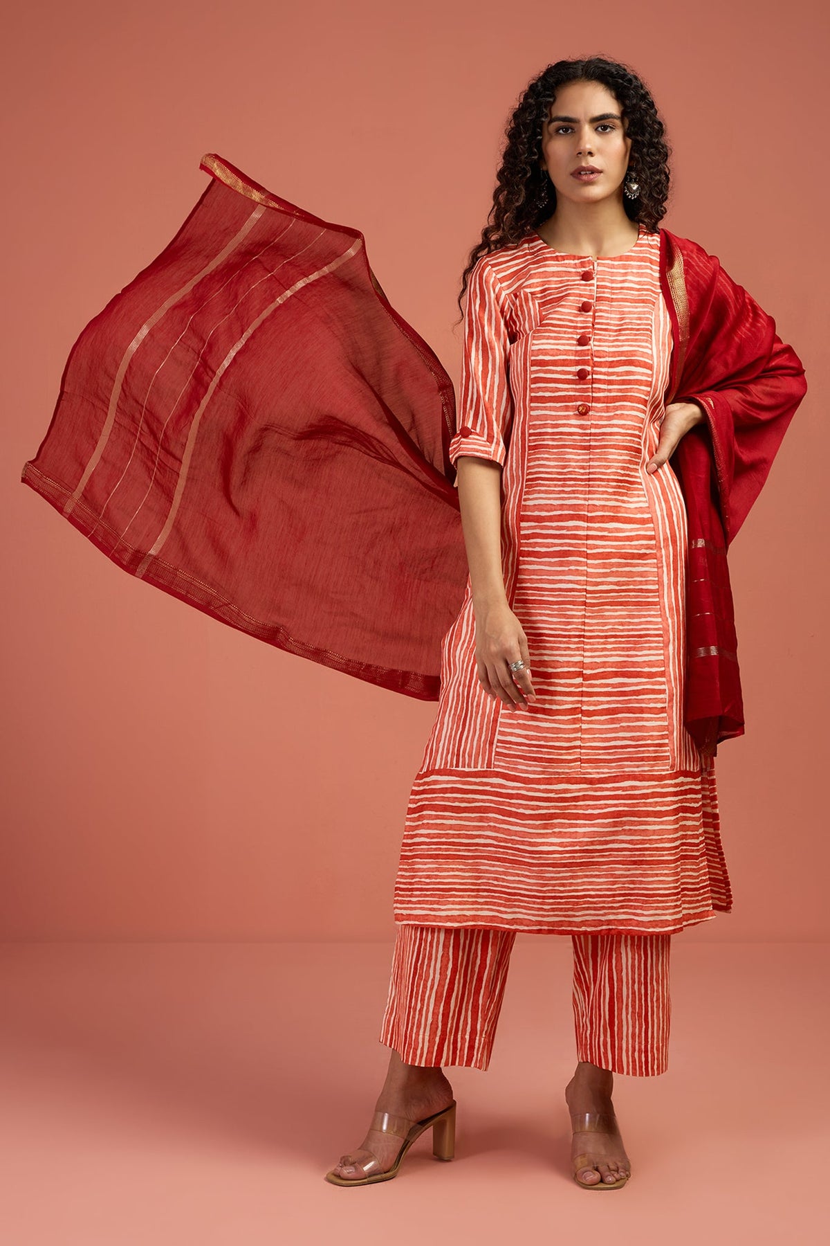 Co-ord Set Apricot Drift Long Panelled Kurta with Slit (Set of 2)