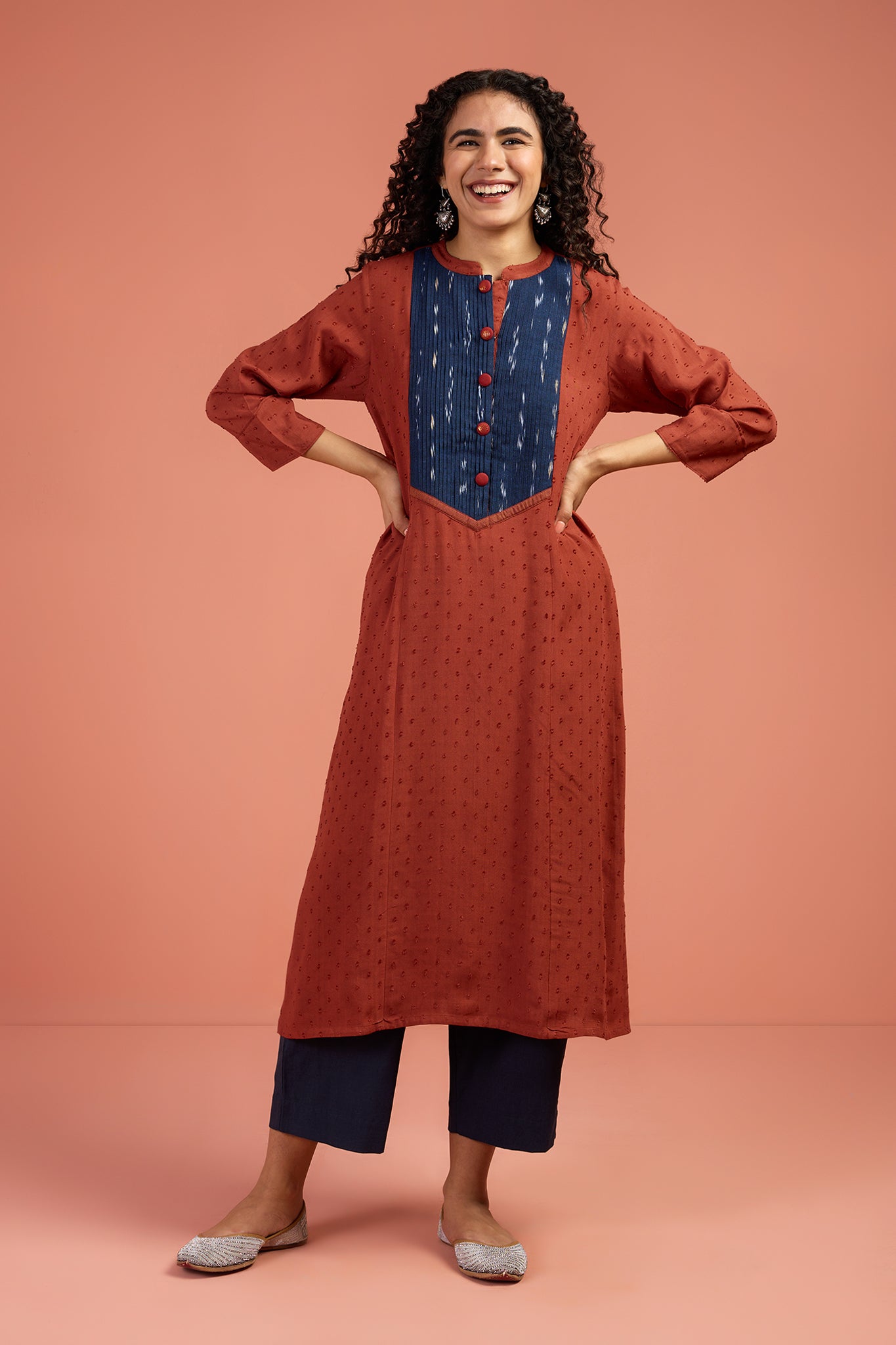 Copper Abyss Long Pintuck Yoke Kurta with Slit