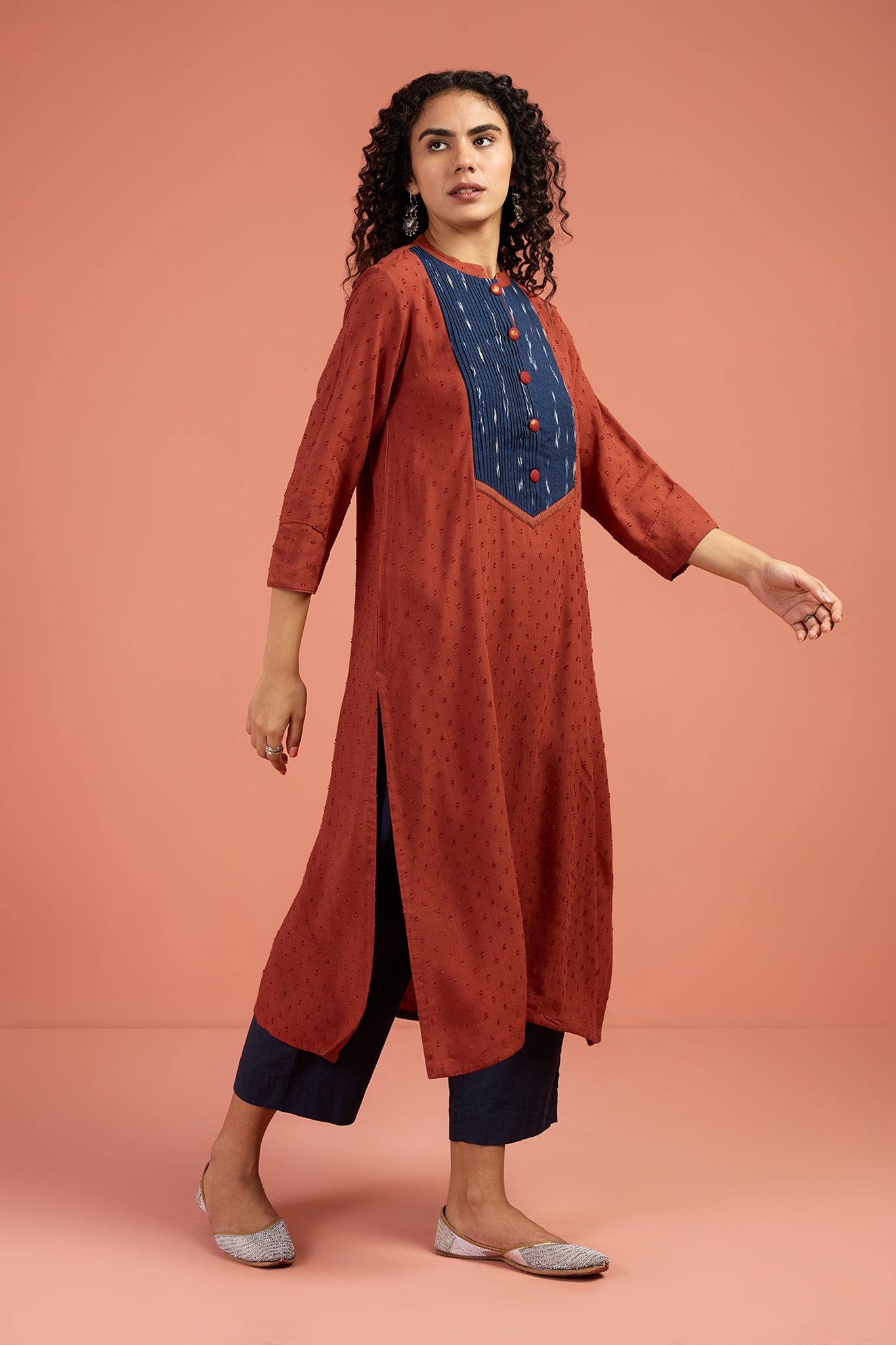 Copper Abyss Long Pintuck Yoke Kurta with Slit