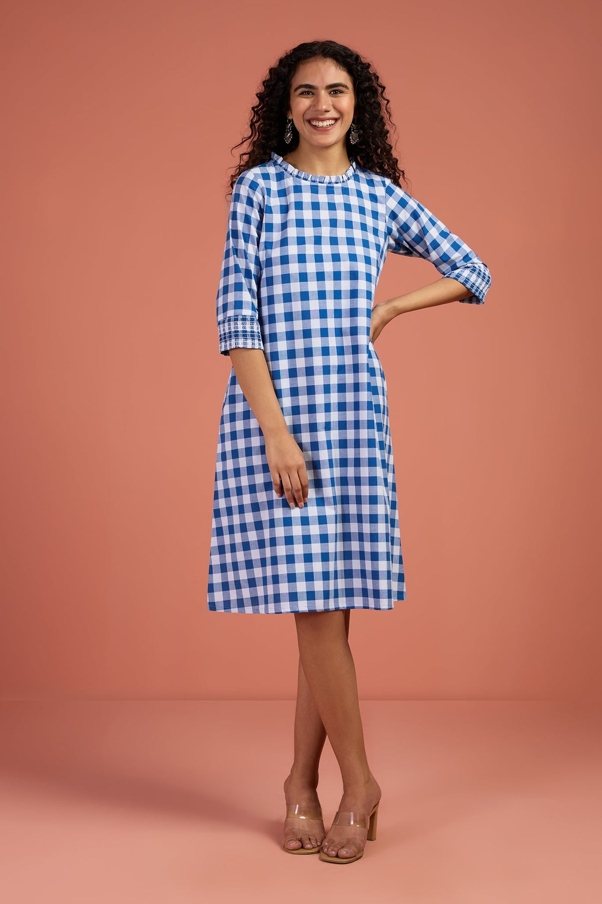 Checkmate Sky Smocked Sleeve Shift Dress