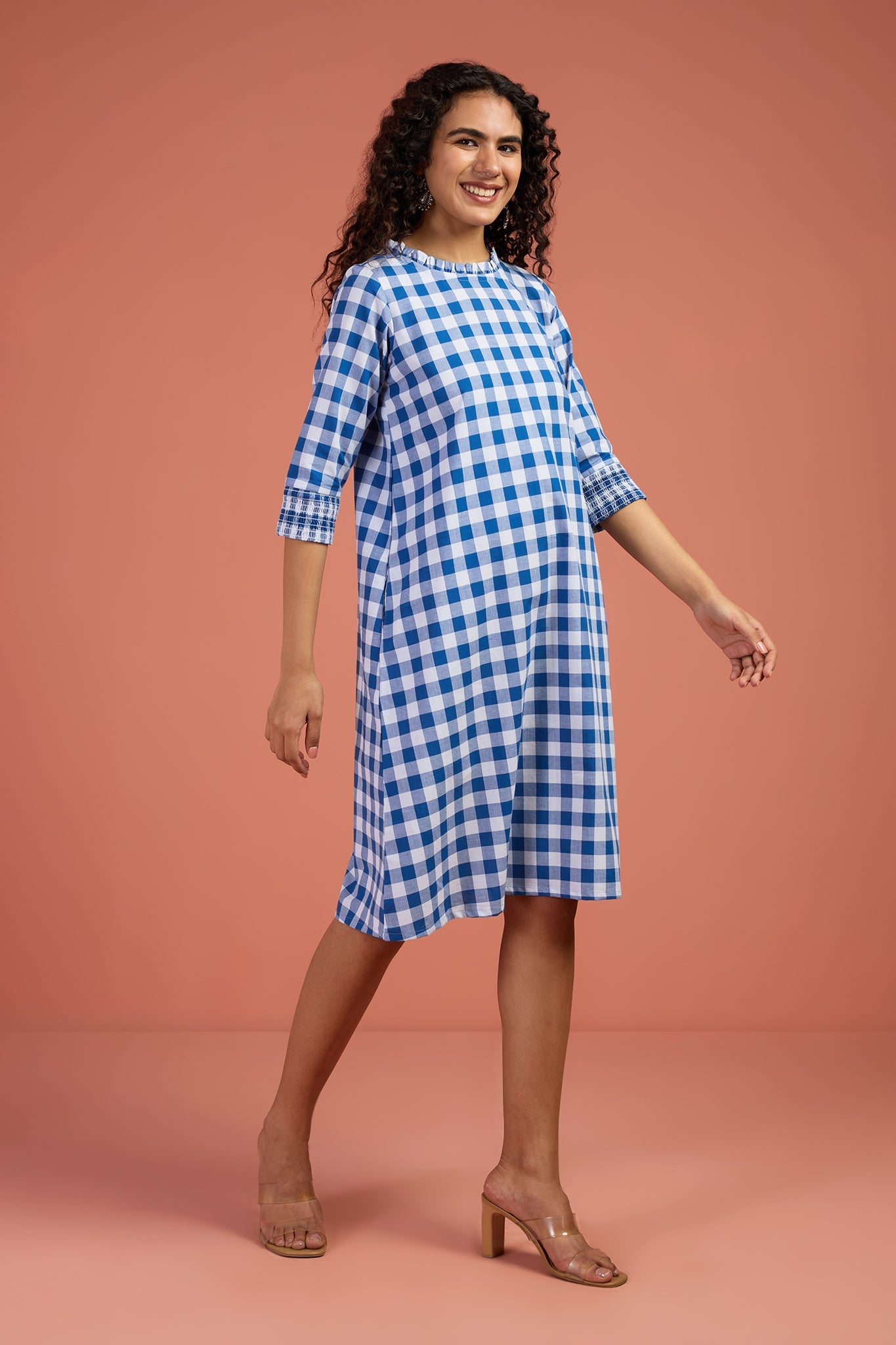 Checkmate Sky Smocked Sleeve Shift Dress