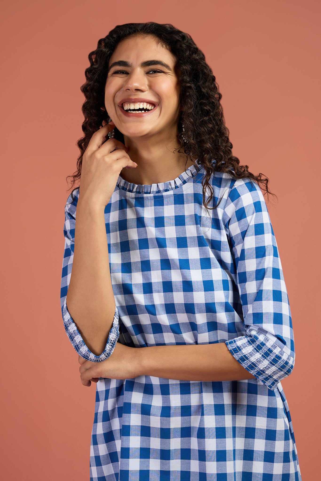 Checkmate Sky Smocked Sleeve Shift Dress