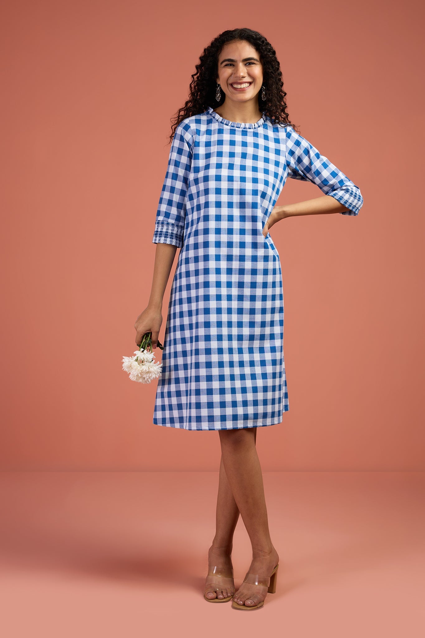Checkmate Sky Smocked Sleeve Shift Dress