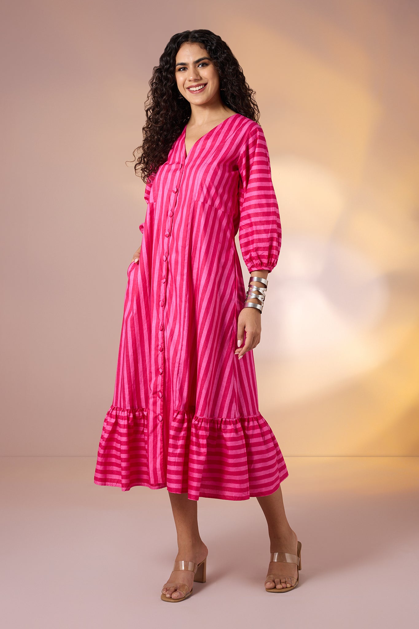 Blush Bold Bands Midi Dress with Ruffle Border